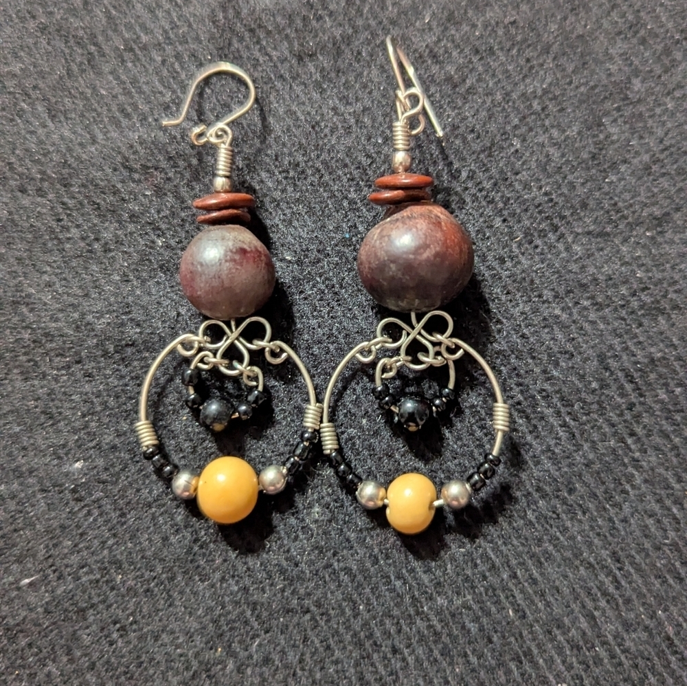 Silver Tone Black Brown Yellow Wooden Beaded Lightweight Statement Earrings